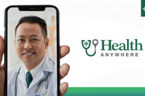 Physician visual on cellphone with Health Anywhere logo 