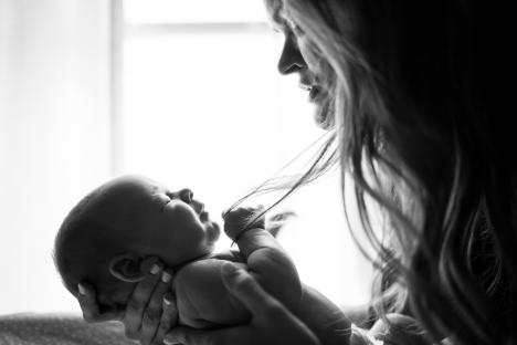 Black and white image of mother and child