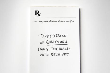 physician note pad that says THANK YOU as the prescription 